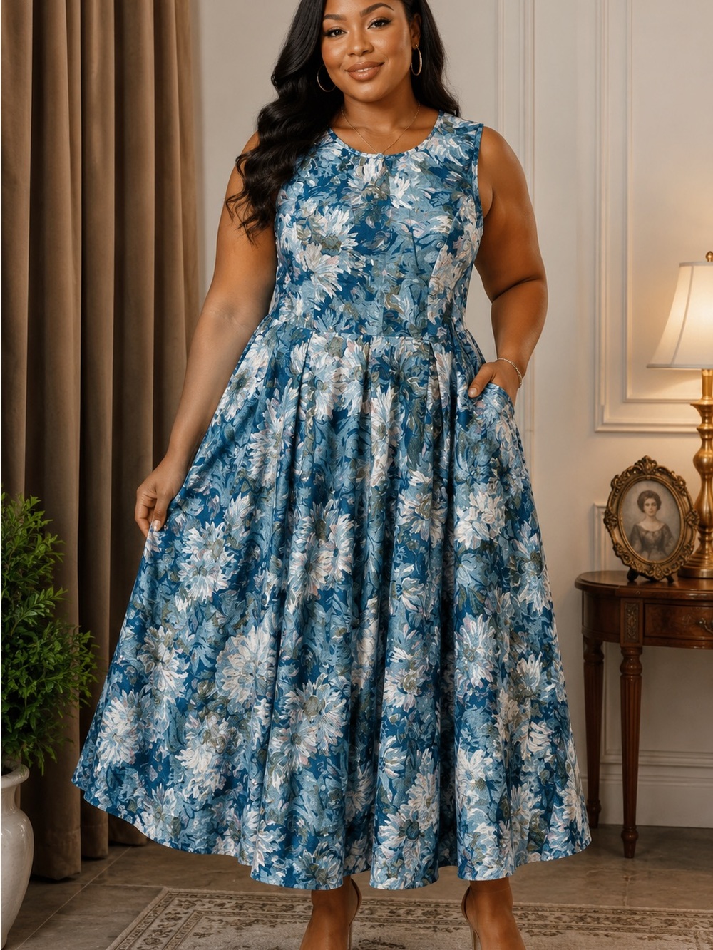 SHEIN Blue & White Floral Midi Dress - Sleeveless Fit-and-Flare